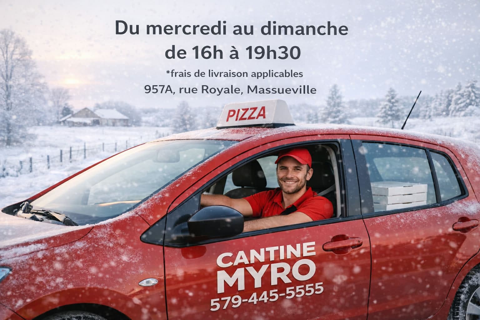 Service de livraison Cantine Myro — voiture de livraison en hiver