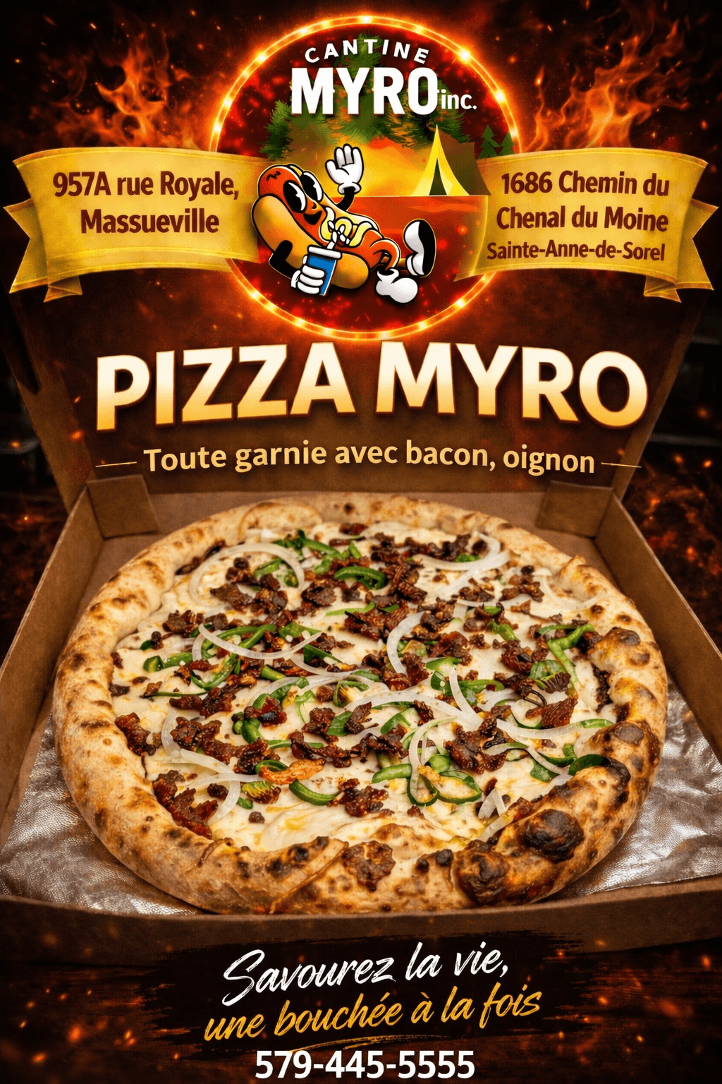 Pizza Myro — toute garnie avec bacon et oignon