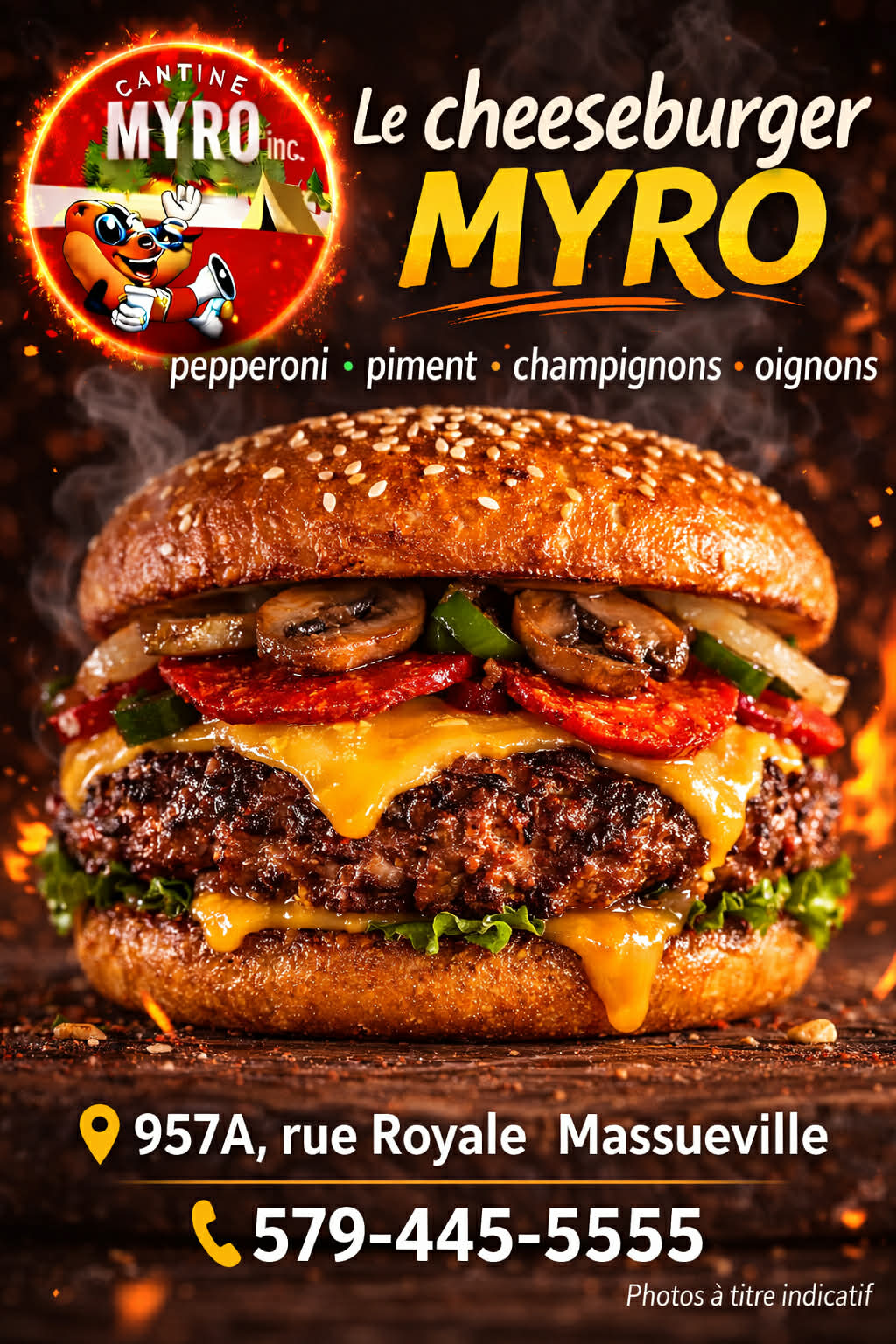 Cheeseburger Myro — pepperoni, champignons, piment, oignons
